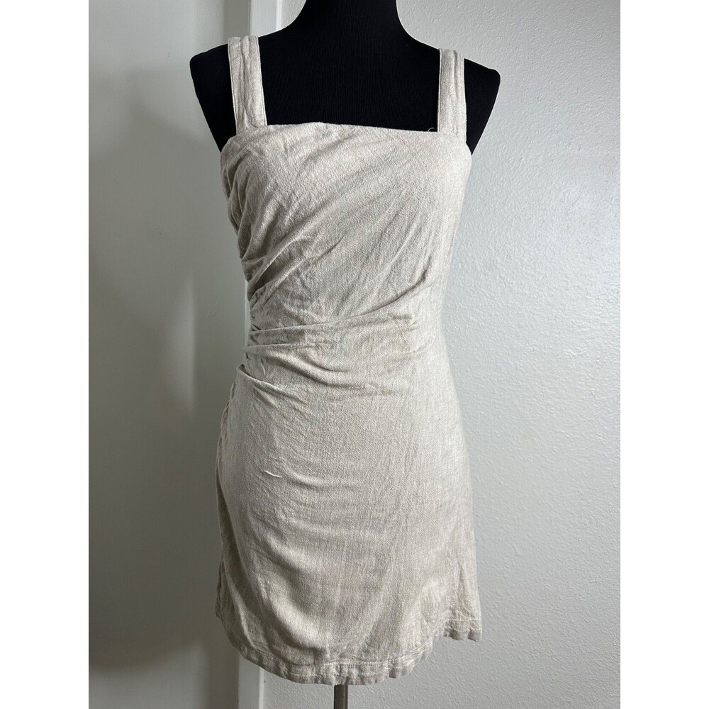 Abercrombie & Fitch Beige Linen Blend Ruched Smocked Mini Dress Straps Size S